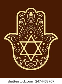 Hamsa hand drawn symbol with flower and the Star of David. Decorative pattern in Eastern Jewish style for interior decoration and henna drawings. The ancient sign of "Hand of Miriam".