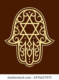 Hamsa hand drawn symbol with flower and the Star of David. Decorative pattern in Eastern Jewish style for interior decoration and henna drawings. The ancient sign of "Hand of Miriam".