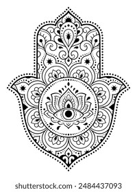 Hamsa hand drawn symbol with flower. Decorative pattern in oriental style for interior decoration and henna drawings. The ancient sign of "Hand of Fatima".