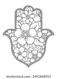 Hamsa handgezeichnetes Symbol mit Blume. Dekoratives Muster im orientalischen Stil für Innendekoration und Henna-Zeichnungen. Das alte Zeichen der "Hand von Fatima".