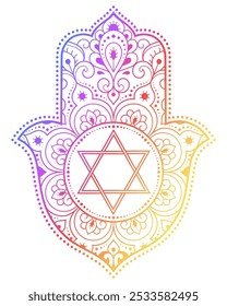 Símbolo de Hamsa dibujado a mano con la flor y la estrella de David. Patrón decorativo en estilo judío oriental para la decoración de interiores. El antiguo signo de "Mano de Miriam". Diseño del arco iris sobre fondo blanco