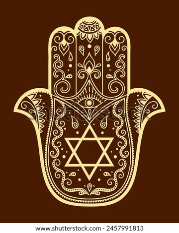Hamsa hand drawn symbol with flower and the Star of David. Decorative pattern in Eastern Jewish style for interior decoration and henna drawings. The ancient sign of "Hand of Miriam".