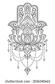 Hamsa hand drawn symbol with Lotus flower. Decorative pattern in oriental style for interior decoration and henna drawings. The ancient sign of "Hand of Fatima".