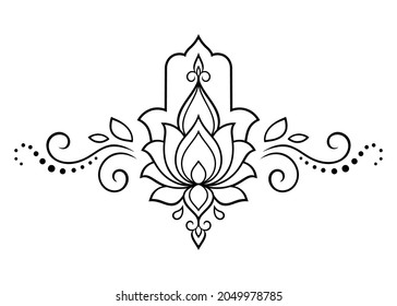 Hamsa hand drawn symbol with Lotus flower. Decorative pattern in oriental style for interior decoration and henna drawings. The ancient sign of "Hand of Fatima".