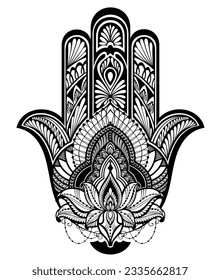 Hamsa hand drawn symbol with lotus flower. Decorative pattern in oriental style for interior decoration and henna drawings. The ancient sign of "Hand of Fatima".