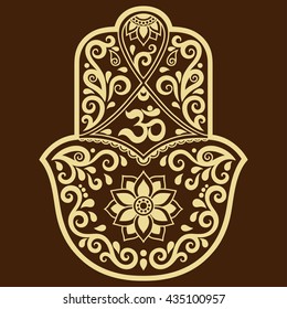 Hamsa hand drawn symbol with mantra OM. Decorative pattern in oriental style for the interior decoration and henna drawings. The ancient sign of "Hand of Fatima".