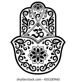 Hamsa hand drawn symbol with mantra OM. Decorative pattern in oriental style for the interior decoration and henna drawings. The ancient sign of "Hand of Fatima".