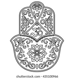Hamsa hand drawn symbol with mantra OM. Decorative pattern in oriental style for the interior decoration and henna drawings. The ancient sign of "Hand of Fatima".