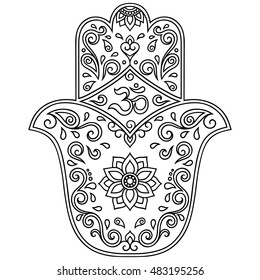 Hamsa hand drawn symbol with mantra OM. Decorative pattern in oriental style for the interior decoration and henna drawings. The ancient sign of "Hand of Fatima".