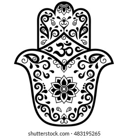 Hamsa hand drawn symbol with mantra OM. Decorative pattern in oriental style for the interior decoration and henna drawings. The ancient sign of "Hand of Fatima".