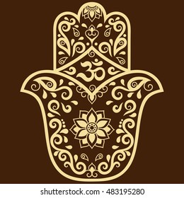 Hamsa hand drawn symbol with mantra OM. Decorative pattern in oriental style for the interior decoration and henna drawings. The ancient sign of "Hand of Fatima".