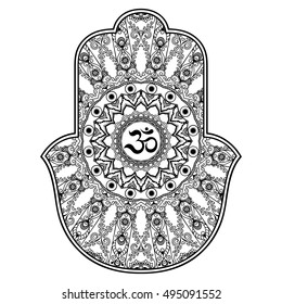 Hamsa hand drawn symbol with mantra OM. Decorative pattern in oriental style for the interior decoration and henna drawings. The ancient sign of "Hand of Fatima".