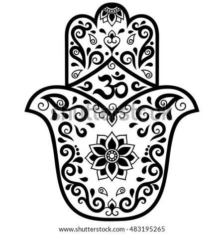 Hamsa hand drawn symbol with mantra OM. Decorative pattern in oriental style for the interior decoration and henna drawings. The ancient sign of 