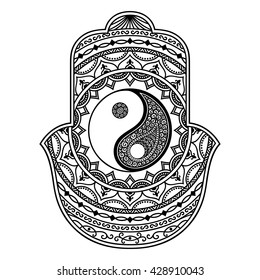 Hamsa hand drawn symbol with Yin-yang. Decorative pattern in oriental style for the interior decoration and henna drawings. The ancient sign of "Hand of Fatima".