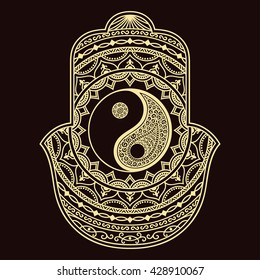 Hamsa hand drawn symbol with Yin-yang. Decorative pattern in oriental style for the interior decoration and henna drawings. The ancient sign of "Hand of Fatima".