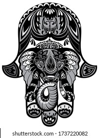 Hamsa hand and the elephant image. Hand of Fatima, vector illustration