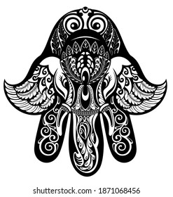 Hamsa hand and the elephant image. Hand of Fatima, vector illustration