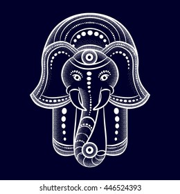 Hamsa hand and the elephant image. Hand of Fatima, vector illustration on a dark background