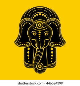 Hamsa hand and the elephant image. Hand of Fatima, vector illustration