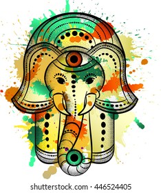 Hamsa hand and the elephant image. Hand of Fatima, vector illustration watercolor drawing