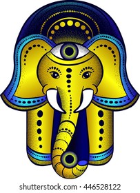 Hamsa hand and the elephant image. Hand of Fatima, vector illustration