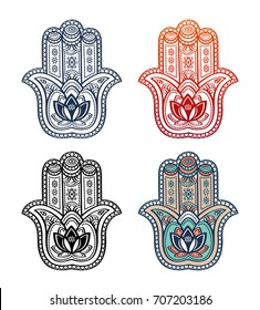 Hamsa hand with ethnic ornament and tribal style symbol with indian lotus