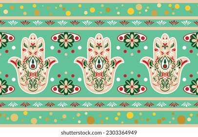 Hamsa Hand. Ethnic Pattern. Ethnic India seamless pattern design oriental style. Damask India Motif.