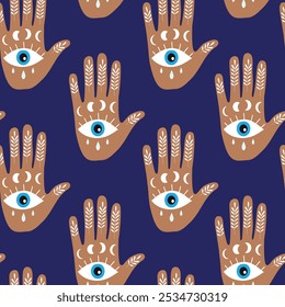 Hamsa Hand mit bösen blauen Auge und Mondphasen nahtloses Muster auf dunkelblauem Hintergrund. Für Textilien, Gewebe und Tapeten 