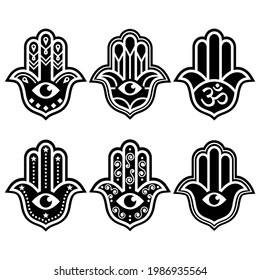 Hamsa hand with evil eye geometric vector design set - symbol of protection, spirituality in white on black background. Hamsa or Khamsa hands black and white minimal style symbols from Egypt, Turkey