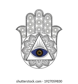 Hamsa Hand with Eye Evil Henna, Mehndi, tattoo, decoration. 
Decorative ornament in oriental style with Hamsa hand drawn symbol and Evil Eye. Fatima Hand Coloring book page. 