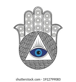 Hamsa Hand with Eye Evil isolated on white. Mandala Design Vector Illustration.