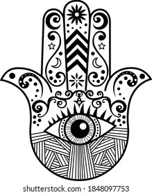 Hamsa hand, Hand of Fatima, amulet, symbol of protection from devil eye Tatto, for your web site design, logo, app, UI. Vector illustration, EPS10.