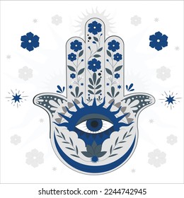 Hamsa hand, Hand of Fatima - amulet, symbol of protection from devil eye. hamsa, hand, eye, fatima, evil, blue, vector, pattern, yoga, spiritual, illustration, design, isolated, concept, poster, flyer