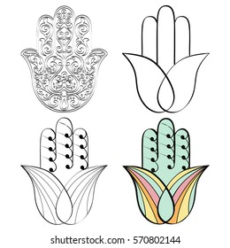 Hamsa hand, Hand of Fatima - amulet, symbol of protection from devil eye.Vector Indian hand drawn hamsa with ethnic ornaments