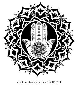 Hamsa or hand of Fatima black and white style, good luck charm, vector illustration