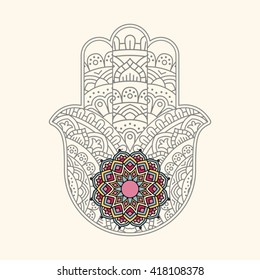 Hamsa or hand of Fatima. Hamsa with ethnic ornaments.