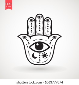 Hamsa, hand of Fatima, Hamsa or hand of Fatima, good luck charm, eps10 . Vector Indian hand drawn hamsa symbolvector illustration.