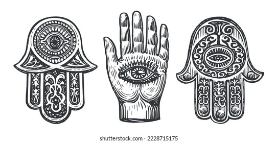 Hamsa or Hand of Fatima with ornaments sketch. Amulet, symbol of protection from devil eye. Vintage vector illustration