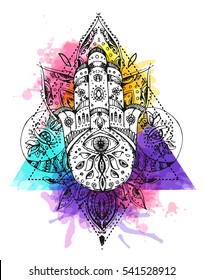 Hamsa, hand of Fatima. Sketch vector illustration. Boho style. Us for tattoo, print for t-shirt, card.