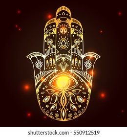 Hamsa, hand of Fatima. Sketch vector illustration. Boho style. Us for tattoo, print for t-shirt, card.