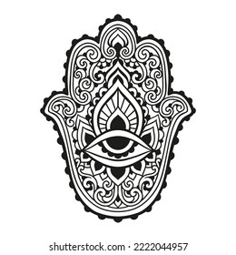 Hamsa Hand of Fatima . Vector illustration. Ethnic amulet Indian, Arabic, Jewish ornaments. Hippie boho style. Zen art