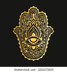 Hamsa Hand of Fatima . Vector illustration. Ethnic amulet Indian, Arabic, Jewish ornaments. Hippie boho style. Zen art gold
