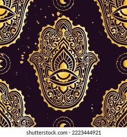 Hamsa Hand of Fatima . Vector illustration. Ethnic amulet Indian, Arabic, Jewish ornaments. Hippie boho style. Golden pattern