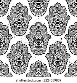 Mano Hamsa de Fátima. Ilustración vectorial. Amuleto étnico indio, árabe, ornamentos judíos. Estilo hippie boho. Patrón de arte zen