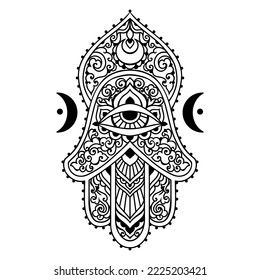 Hamsa Hand Fatima . Vektorgrafik. Ethnische arabische, arabische, jüdische Ornamente. Hippie Boho Stil. Zen-Kunstschwarz