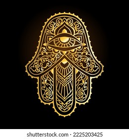 Hamsa Hand of Fatima . Vector illustration. Ethnic amulet Indian, Arabic, Jewish ornaments. Hippie boho style. Zen art gold