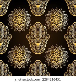 Hamsa Hand of Fatima . Vector illustration. Ethnic amulet Indian, Arabic, Jewish ornaments. Hippie boho style. Gold pattern