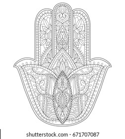 Hamsa, hand of Fatima. Zentangle stylized cartoon isolated on white background. 