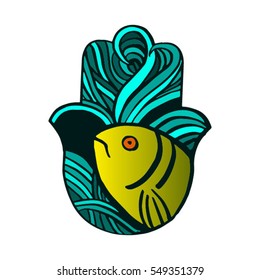 Hamsa hand and fish and algae. Hand of Fatima, vector illustration