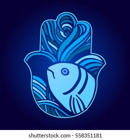 Hamsa hand and fish and algae. Hand of Fatima, vector illustration